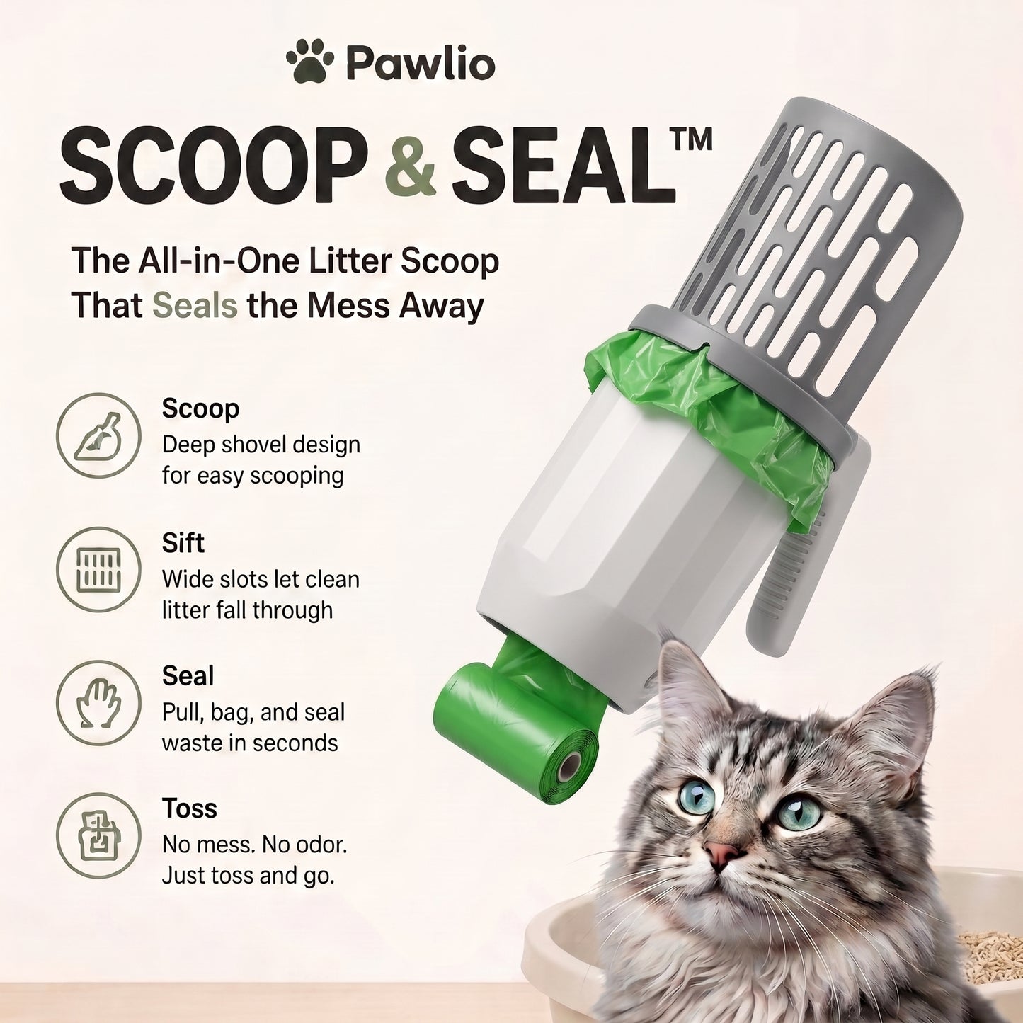 Pawlio Scoop & Seal™ – 2-in-1 Cat Litter Scoop
